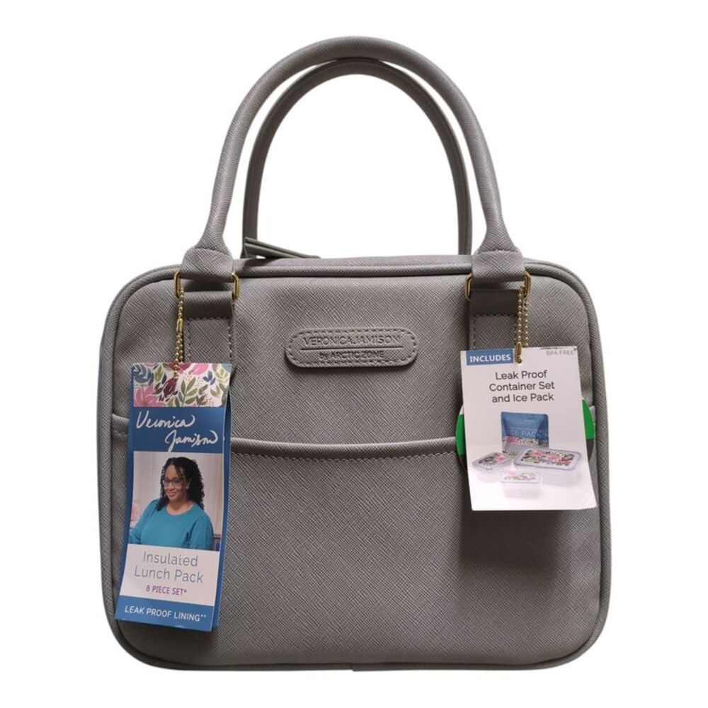 Grey - Veronica Jamison by Arctic Zone Faux Leather Lunch Bag with Food Containe